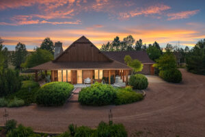 Aerial view of Bushnell Country Estate horse property for sale in Kimball County Nebraska at sunset